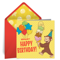 Curious George Birthday Balloons card image